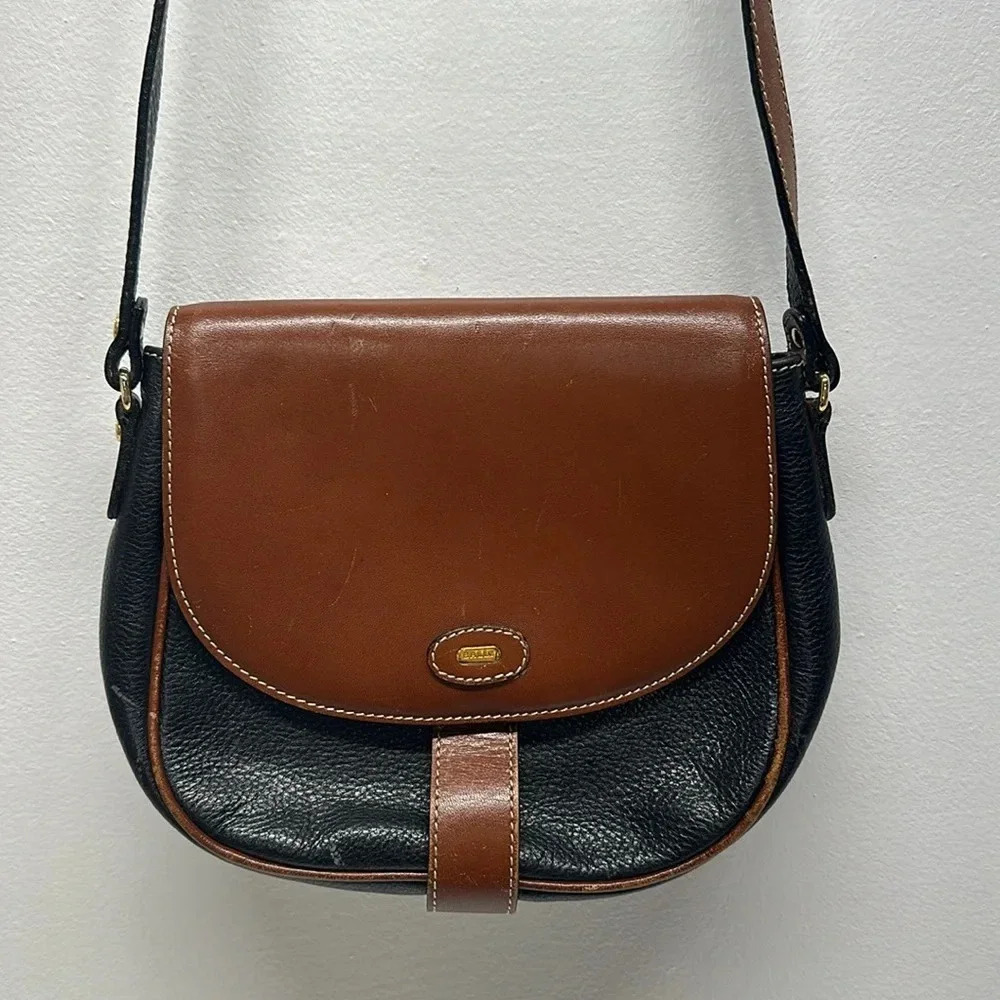 Bally Shoulder Bag Crossbody Strap Purse Pebbled Leather Brown Black Vintage - Picture 3 of 14